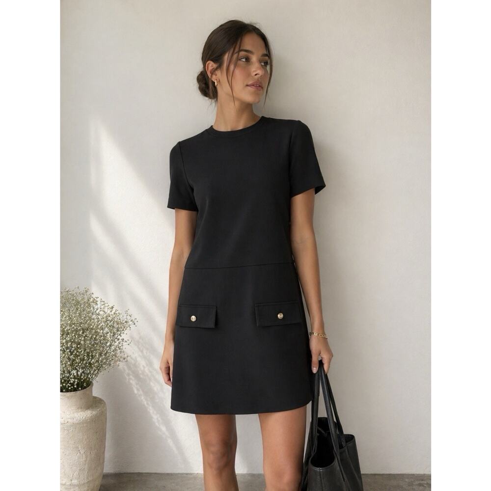 Zara Black Minimalist Shift Dress NWT Small Gold Button Pocket Clean Grl Capsule